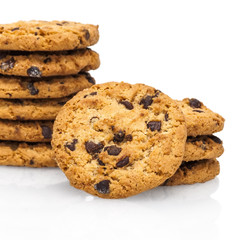 A stack of chocolate chip cookies isolated on a white background