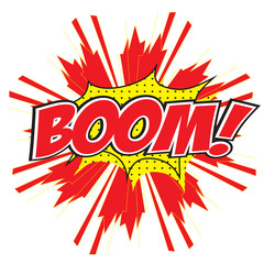 BOOM! wording in comic speech bubble in pop art style