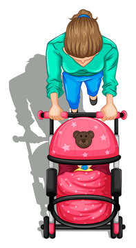 A topview of a mother pushing a stroller with a baby