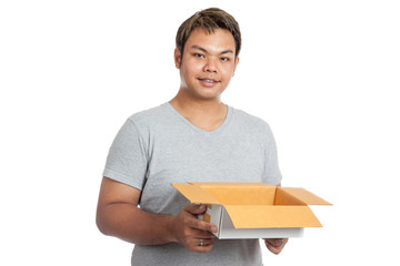 Asian man hold an open box and smile