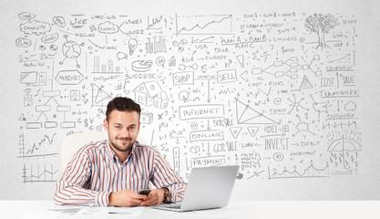 Businessman planning and calculating with various business ideas