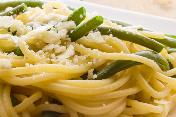 Spaghetti with garlic oil and green beans from Italy
