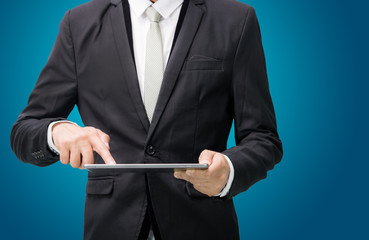 Businessman standing posture hand holding blank tablet isolated