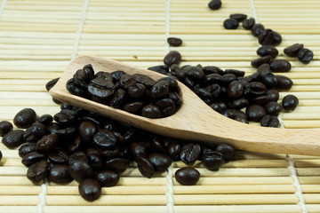Coffee beans in wooden spoon
