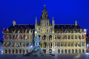 Antwerp City Hall and Brabo fountain at evening, Belgium