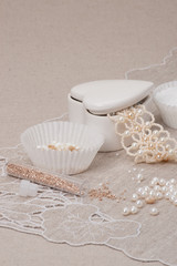 Beads Jewelry On Natural Linen Background. Hand Made
