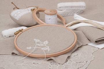 Sewing And Embroidery Craft Kit. Natural Linen Background