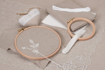 Sewing And Embroidery Craft Kit. Natural Linen Background
