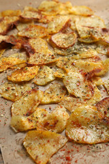 Homemade potato chips close up