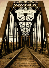 Obraz premium Railroad Trestle Bridge and RR Tracks from Old Vintage Retro Day