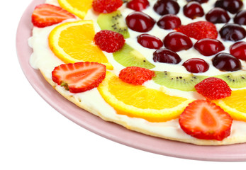 Homemade sweet pizza with fruits, close up