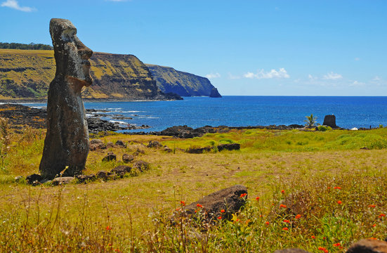 Moai overlooking Coast, Rapa Nui - Easter Island, Chile