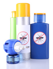 Bottles with mosquito repellent cream and fumigator, isolated