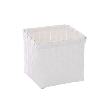 Wicker craft square basket on white background.