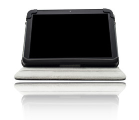 Tablet computer in cover isolated on white background