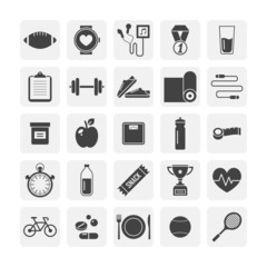 Flat icons for Fitness and Healthy lifestyle (black and white)