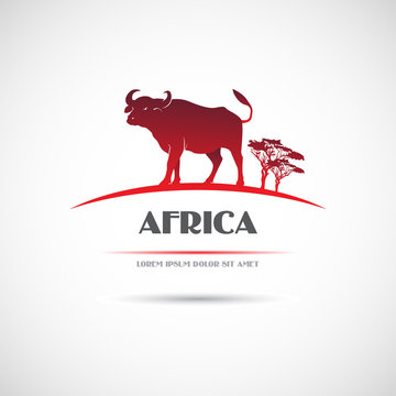 Label with the image of an African buffalo. Vector.