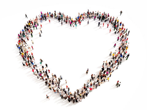 Large group of people in the shape of a heart.