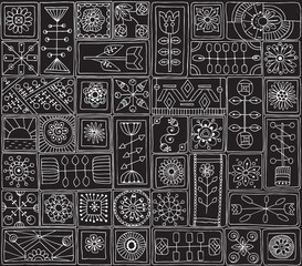 Seamless pattern. Sampler doodle flowers, leaves, hearts.