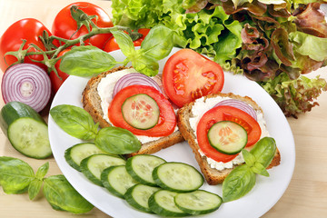 Sandwich with cottage cheese, tomato, onion and cabbage on white