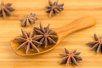 Anise stars in wooden spoon