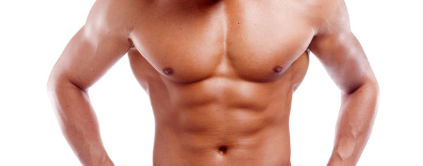 Muscular young man's torso closeup, isolated on white background