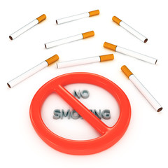 3d red glossy and shinny smoking sign with cigarettes
