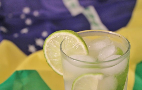 Caipirinha cocktail background  Brazil flag with copy space stock photo photograph picture image
