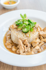 Chicken with brown sauce on rice