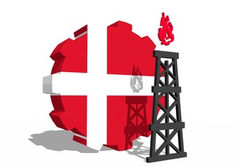 denmark national flag on gear and 3d gas rig model near 