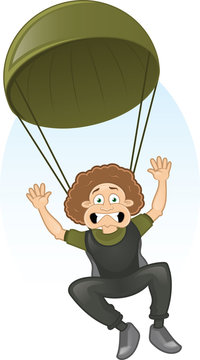 recommend clip art: Vector cartoon frightened paratrooper flying to the ground