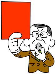 レッドカードを出す中年ビジネスマン（上半身）