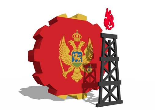 montenegro national flag on gear and 3d gas rig model near