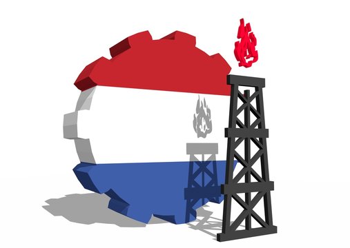 netherlands national flag on gear and 3d gas rig model near