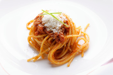 Spaghetti Bolognese on white plate