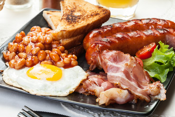 Full English breakfast with bacon, sausage, egg and beans
