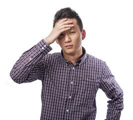 young asian man with problems, worry gesture