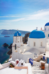 view of caldera with stairs and church, Santorini