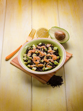 black rice with avocado and smoked salmon