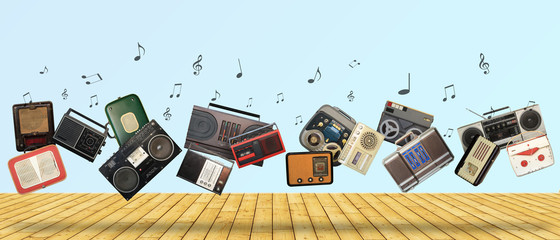 Dance retro recorders, audio system, collage of music