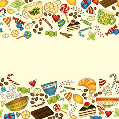 Tea, coffee and sweets doodle template pattern.