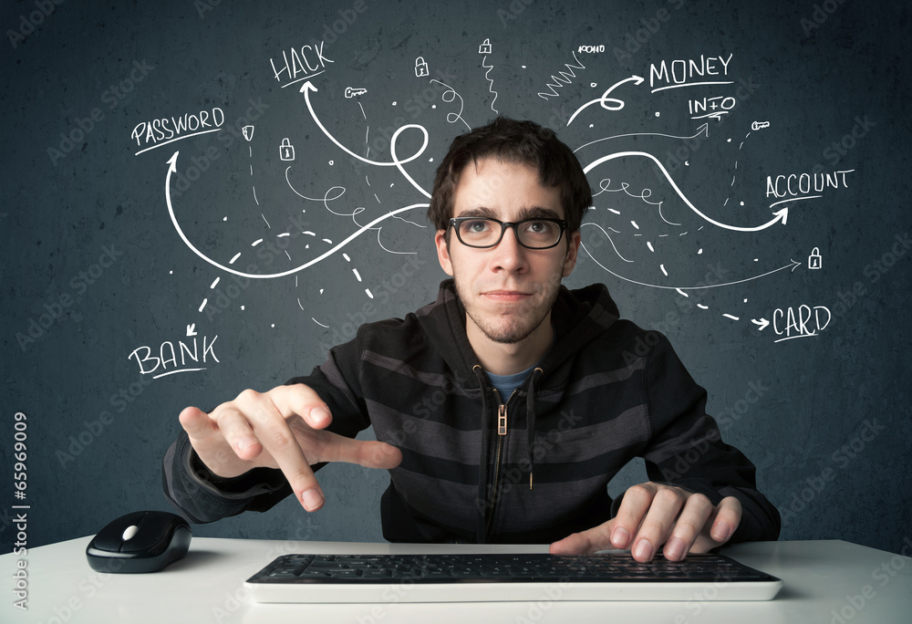 Poster young hacker with white drawn line thoughts