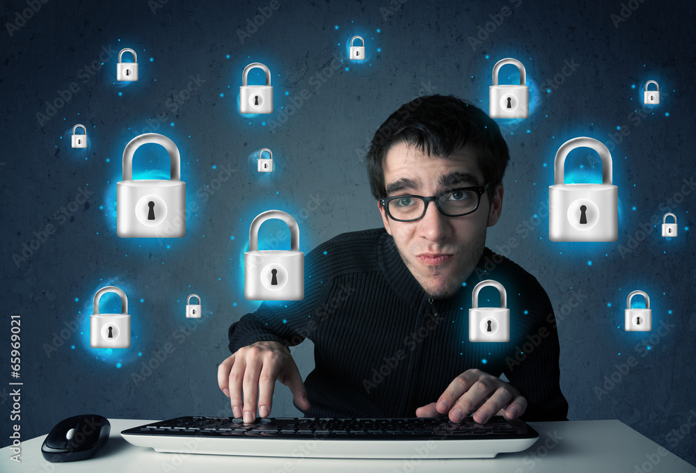 Poster young hacker with virtual lock symbols and icons