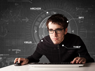Young hacker in futuristic enviroment hacking personal informati