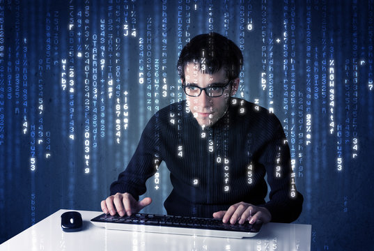 Hacker decoding information from futuristic network technology