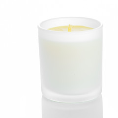 Glasses relax romance candle concept. White candle side view 20 degree, on white background