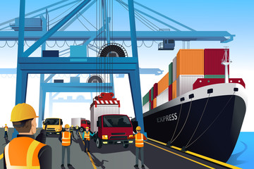 Shipping port scene - obrazy, fototapety, plakaty