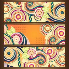 Ethnic Indian Pattern Cards With Paisley, Doodles and Cucumbers.