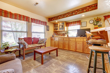 House interior. Open floor plan. Kitchen and dining area