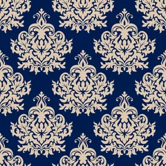 Poster Blue damask seamless pattern with beige flourishes © Vector Tradition